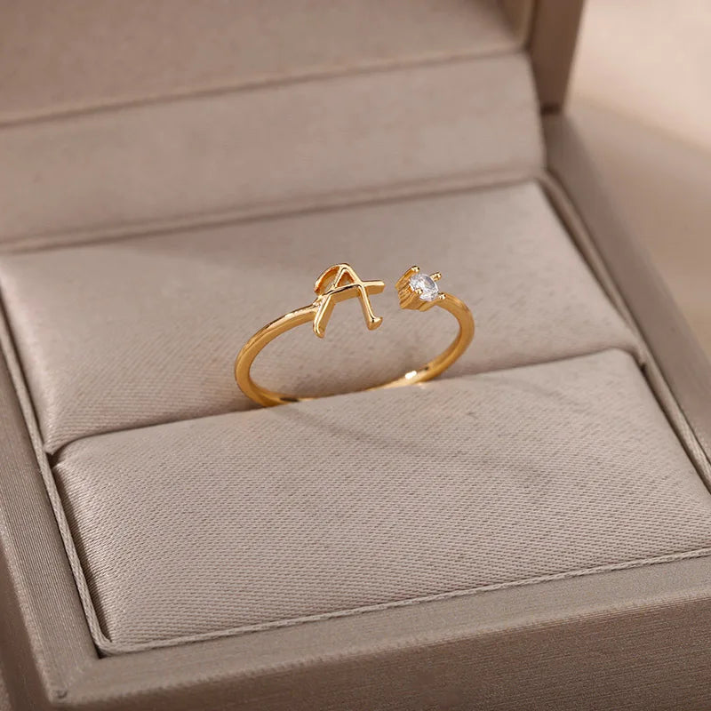 Mini Zircon A-Z Letter Initial Rings For Women Gold Color Adjustable Stainless Steel Ring Wedding Finger Jewelry