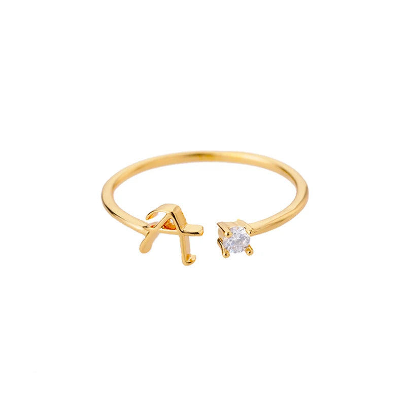 Mini Zircon A-Z Letter Initial Rings For Women Gold Color Adjustable Stainless Steel Ring Wedding Finger Jewelry