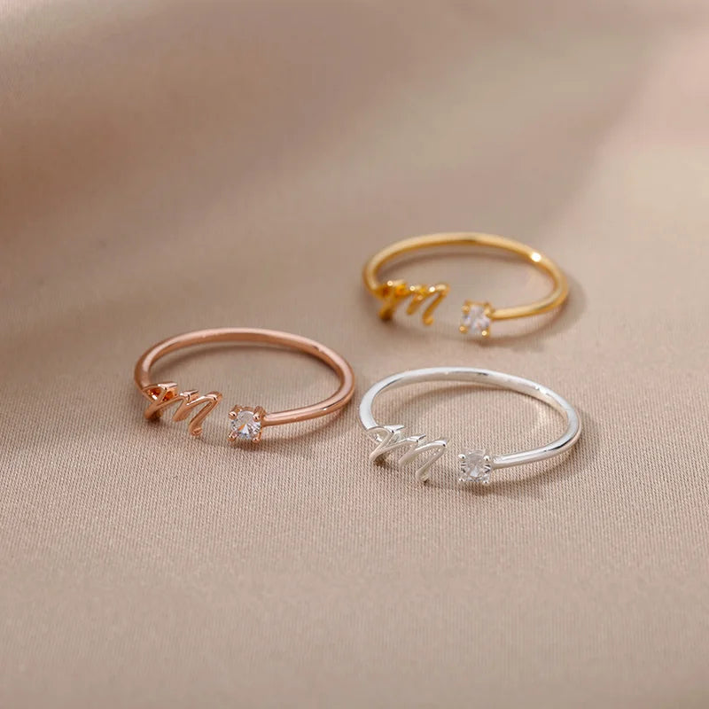Mini Zircon A-Z Letter Initial Rings For Women Gold Color Adjustable Stainless Steel Ring Wedding Finger Jewelry