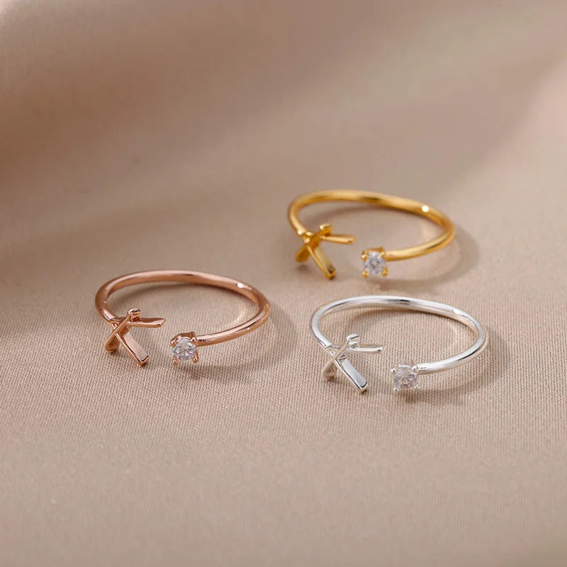Mini Zircon A-Z Letter Initial Rings For Women Gold Color Adjustable Stainless Steel Ring Wedding Finger Jewelry