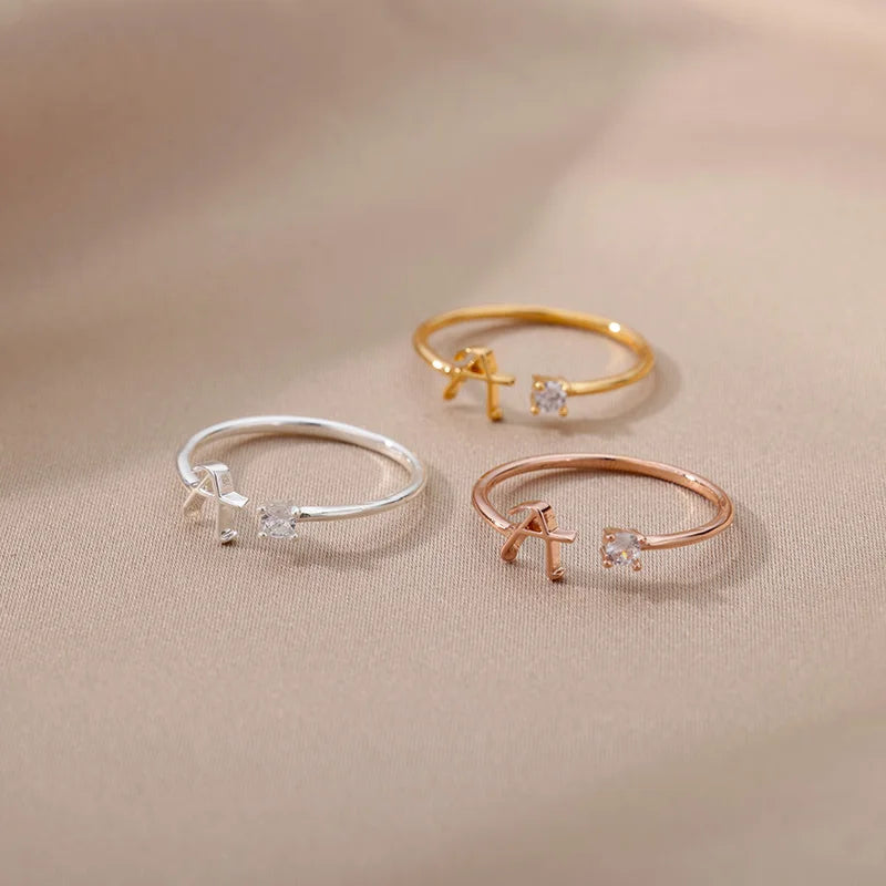 Mini Zircon A-Z Letter Initial Rings For Women Gold Color Adjustable Stainless Steel Ring Wedding Finger Jewelry