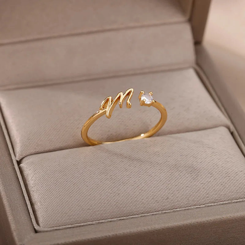 Mini Zircon A-Z Letter Initial Rings For Women Gold Color Adjustable Stainless Steel Ring Wedding Finger Jewelry