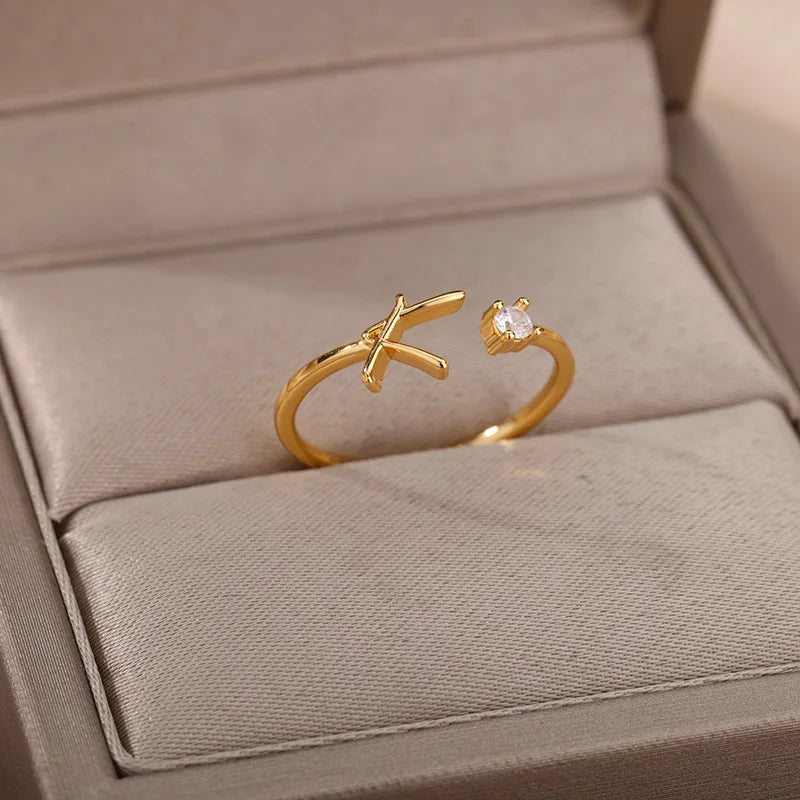 Mini Zircon A-Z Letter Initial Rings For Women Gold Color Adjustable Stainless Steel Ring Wedding Finger Jewelry